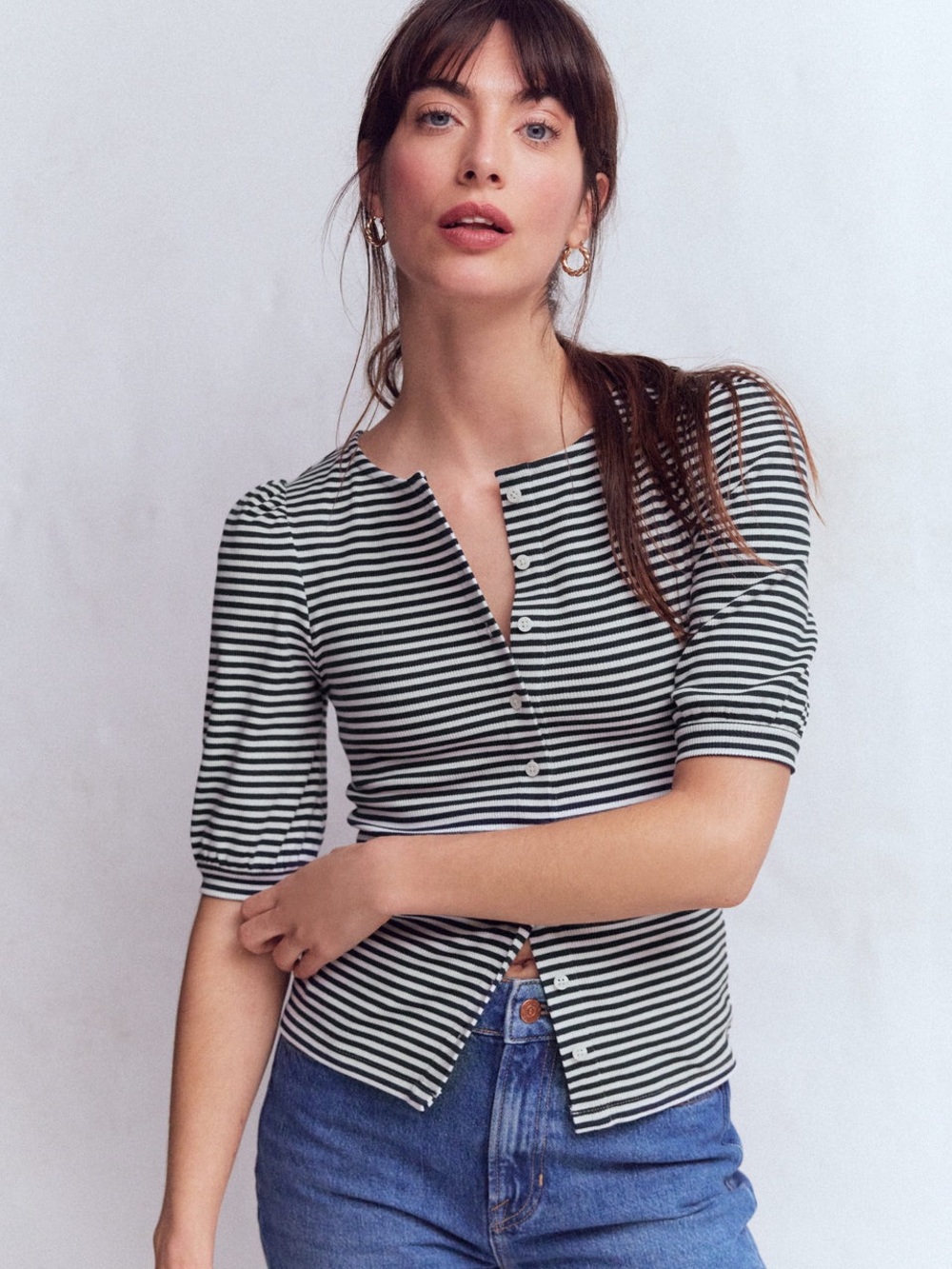 Boden Evie Ribbed Puff Sleeve Top